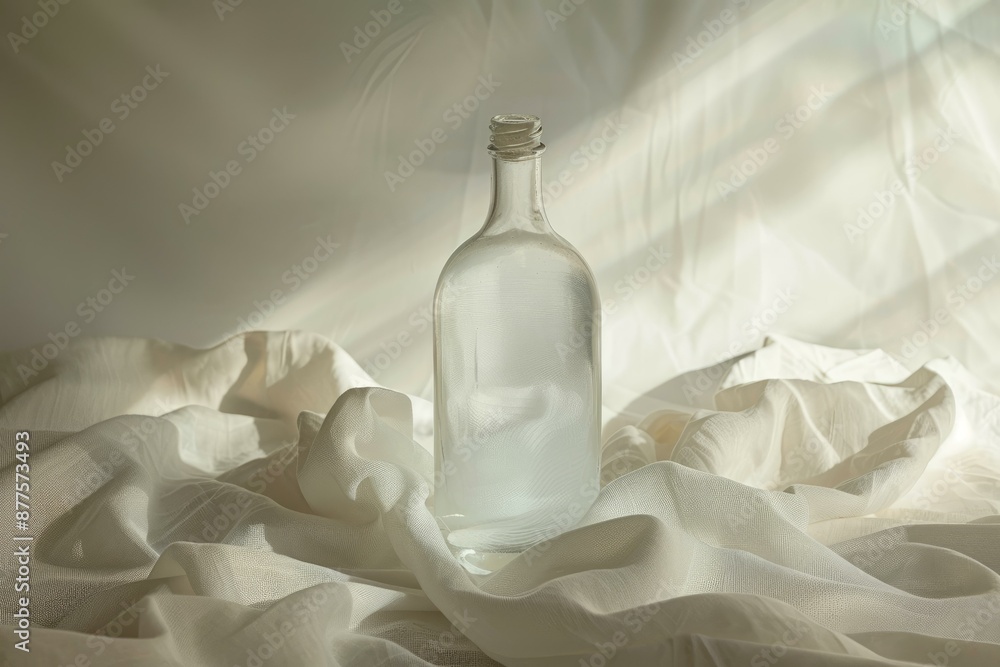 Poster empty glass bottle standing on white fabric with sunlight shining through creating shadows