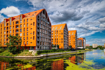 Modern houses construction on the riverside