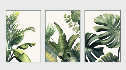 Three white poster frames with black frames, each has different plant leaves.