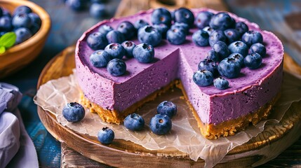 Indulge in this gluten-free and vegan vanilla blueberry cheesecake. Its no-bake recipe makes it a breeze to prepare. Enjoy the sweet and healthy treat, perfect for any occasion.