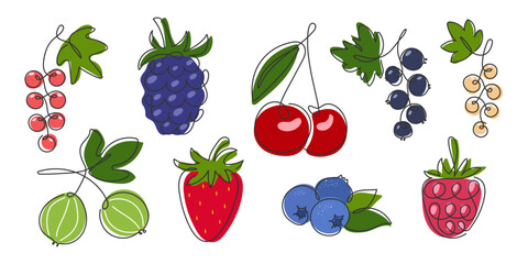Various berries mix isolated on white. Abstract summer berry fruit. Simple doodle food illustration. Blueberry, raspberry, currant, blackberry, cherry. Ingredient for smoothie, dessert, juice, jam