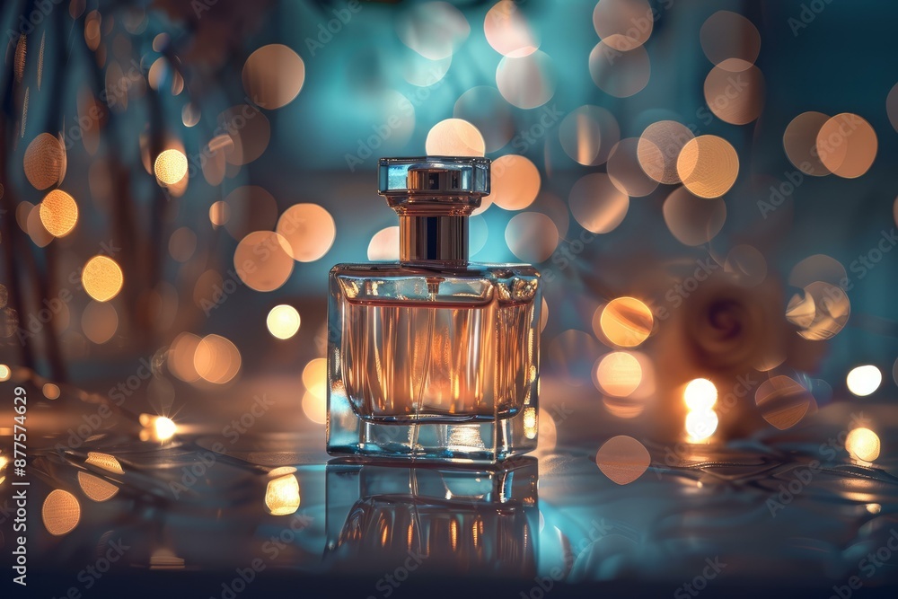 Poster elegant perfume bottle sparkling on a reflective table with bokeh lights in the background