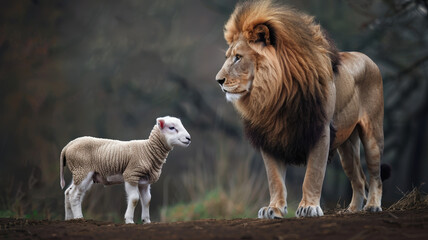 Majestic Lion Standing Protectively Behind a Small Lamb in a Serene Wildlife Setting Symbolizing Peace and Harmony