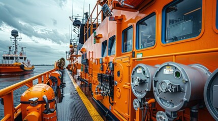 A close-up view of an orange ships deck with grey equipment and yellow lines, set against a backdrop of cloudy skies.