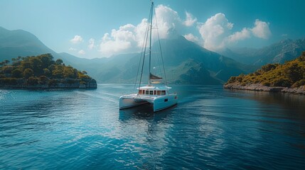 A catamaran sails through a scenic fjord with mountainous scenery on a bright sunny day.