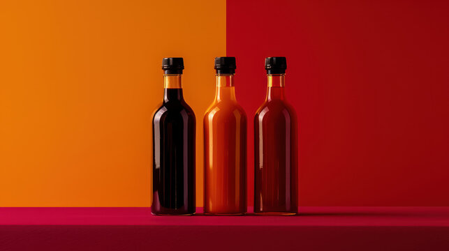 three luxury hot chili sauce bottles on contrasting orange and red background