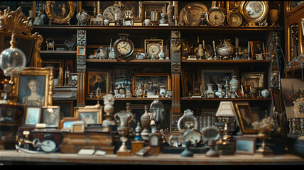 Vintage Antique Shop Interior with Classic Memorabilia, Old Photographs, Retro Decor Items, Historical Artifacts, and Collectibles