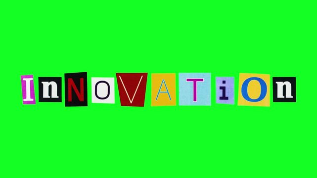 Stop motion animation of the word innovation made of magazine cut letters filmed on chroma key background. Isolated template with the title meaning new development compiled from colorful stickers