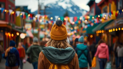 A woman walks through a crowd of people celebrating Alaska Day at a street festival
