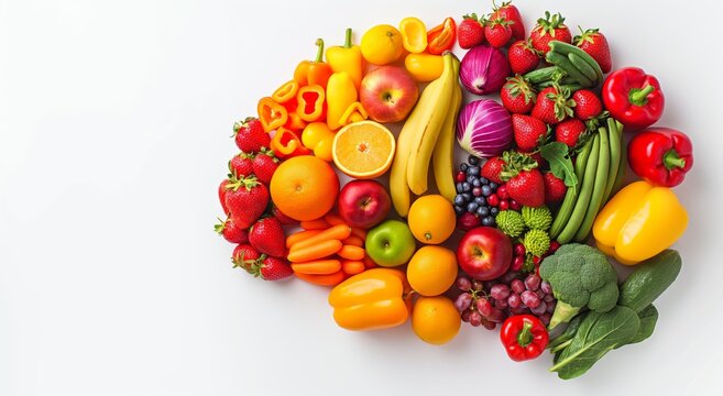Healthy brain-shaped arrangement of fruits and vegetables symbolizing nutrition and mental health promoting the importance of a balanced diet for overall well-being