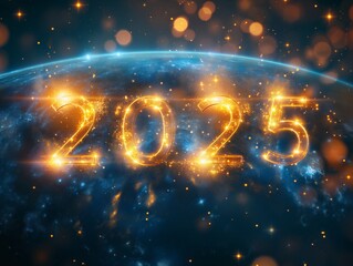 Golden 2025 glowing in space with earth in the background symbolizing future innovation and new year celebrations with stars and light effects representing hope and progress