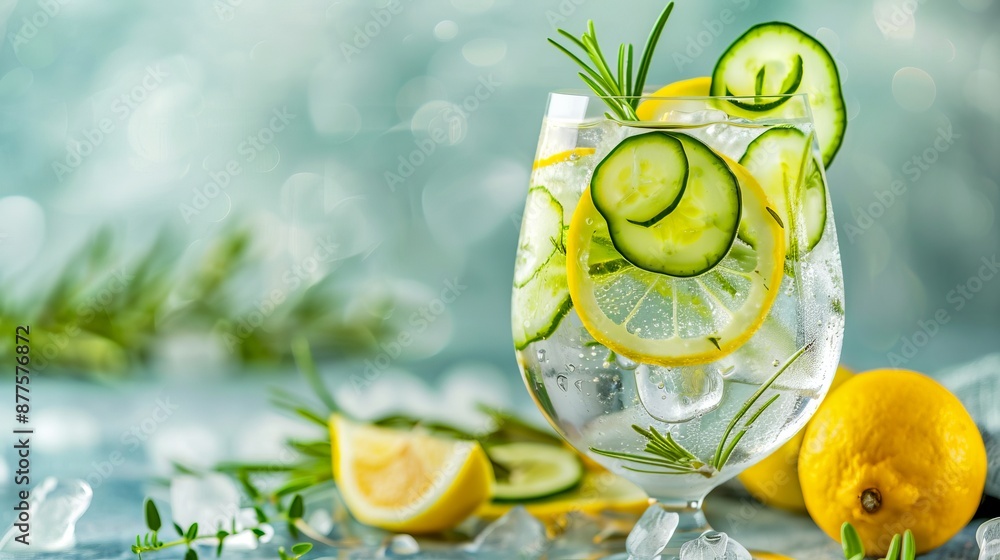 Poster refreshing summer cocktail with cucumber and lemon slices. styled with ice cubes and herbs, this ima