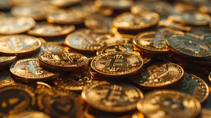 Golden Bitcoin Cryptocurrency - Close-up photo of a pile of golden Bitcoin cryptocurrency coins. - Close-up photo of a pile of golden Bitcoin cryptocurrency coins.