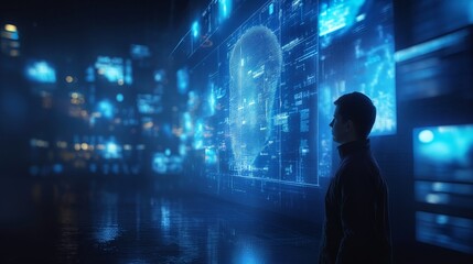 An individual observes a digital interface showcasing an artificial intelligence head on a screen with intricate details and data surrounding it