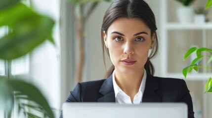 Fototapeta premium Businesswoman entrepreneur in business suit working on financial reports at the laptop in modern office with green indoor plants 