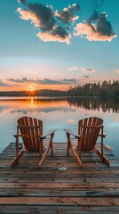 Two chairs face the lake at sunset