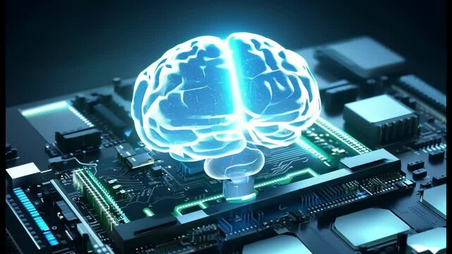 AI-generated video background with a holographic brain over the microprocessor circuit scheme. The concept of of futuristic medical technologies, artificial intelligence and science.