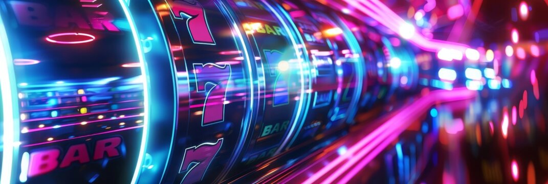 Neon Lights Casino Slot Machine - A close-up shot of a brightly lit casino slot machine with neon lights, showcasing the spinning reels and symbols. The image captures the excitement and allure of gam