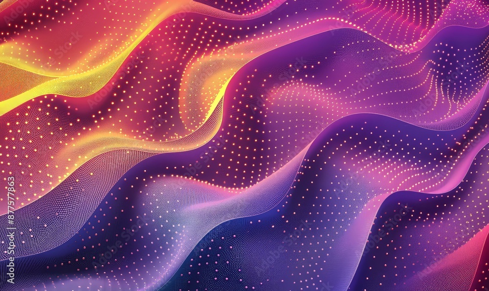 Poster a visually captivating abstract pattern of dynamic waves and dots in vibrant hues of purple, orange,