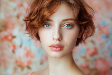 Fototapeta premium portrait of a young woman with blue eyes and soft crimson curls against a floral background