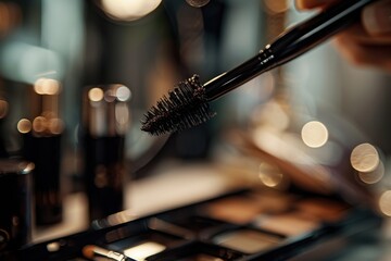 Close-up of a mascara brush being pulled out, surrounded by various makeup products with a blurred, bokeh-lit background