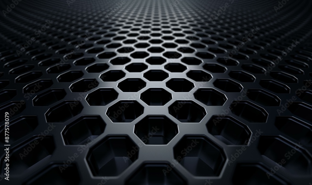 Poster a dark metallic surface with a repeating hexagonal pattern, creating a three-dimensional optical ill