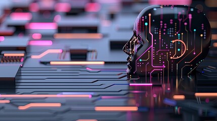 A digital profile of a female figure is formed by abstract circuitry lines with glowing red and blue highlights on a dark background.