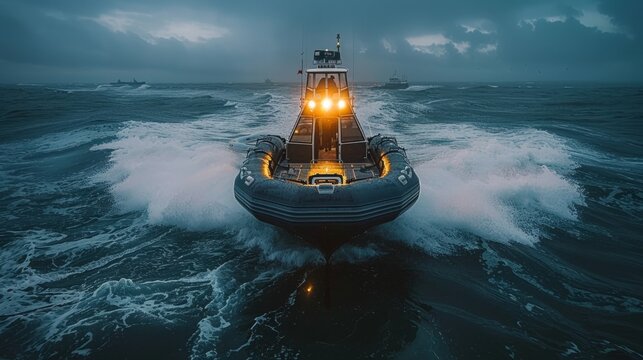 A rigid inflatable boat cuts through choppy water with bright lights illuminating the dark sky.