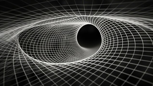 A wireframe hologram depicting an optical illusion with swirling lines converging into a central black hole, creating a sense of depth and movement.