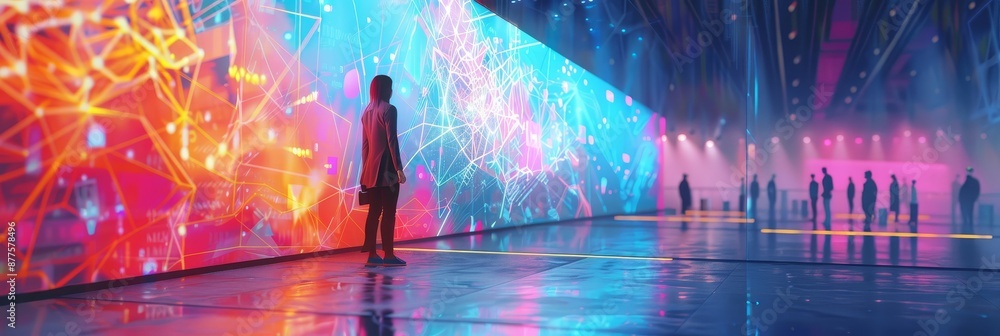 Poster a person in a futuristic setting - a person standing in a futuristic setting, surrounded by a vibran