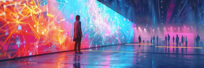 Fototapeta premium A Person in a Futuristic Setting - A person standing in a futuristic setting, surrounded by a vibrant and abstract digital display. - A person standing in a futuristic setting, surrounded by a vibrant
