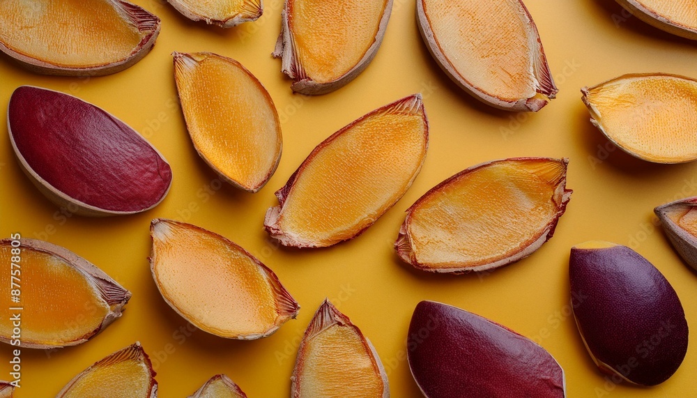 Sticker close up view of mango slices arranged in a pattern on a yellow background 