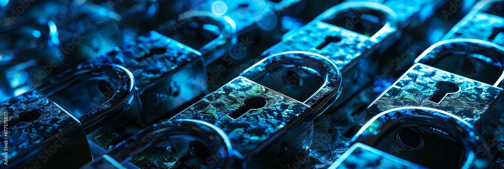Poster cyber security - digital locks - privacy - a close-up of multiple digital locks, symbolizing the imp