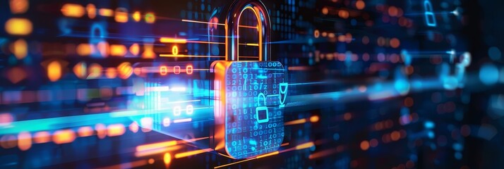 Fototapeta premium Cyber Security: Protecting Data in the Digital Age - A glowing padlock in front of a digital background with binary code, representing cyber security and data protection. - A glowing padlock in front 