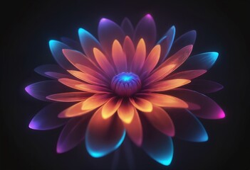 Fototapeta premium Abstract neon glowing flower with vibrant colorful petals on dark background