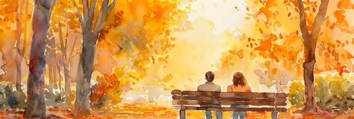 Watercolor Painting of Couple Sitting on Bench in Autumn Park - A watercolor painting depicting a couple sitting on a bench in a park during autumn, surrounded by vibrant trees and leaves - A watercol