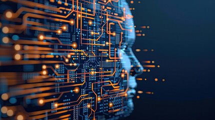 A profile of a digital human head, constructed of glowing circuitry against a dark blue background