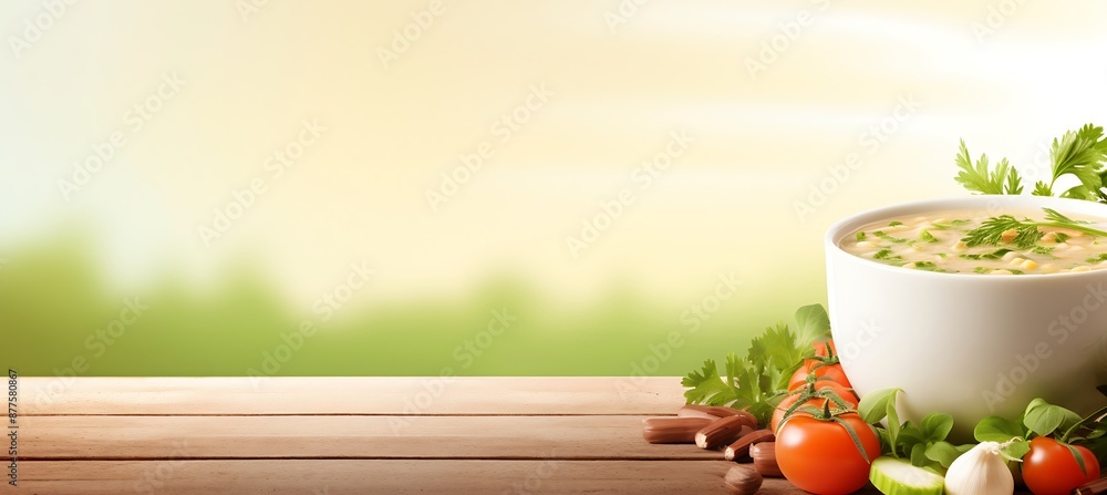 Poster fresh veggie soup in a bowl placed on a simple background with empty space for text