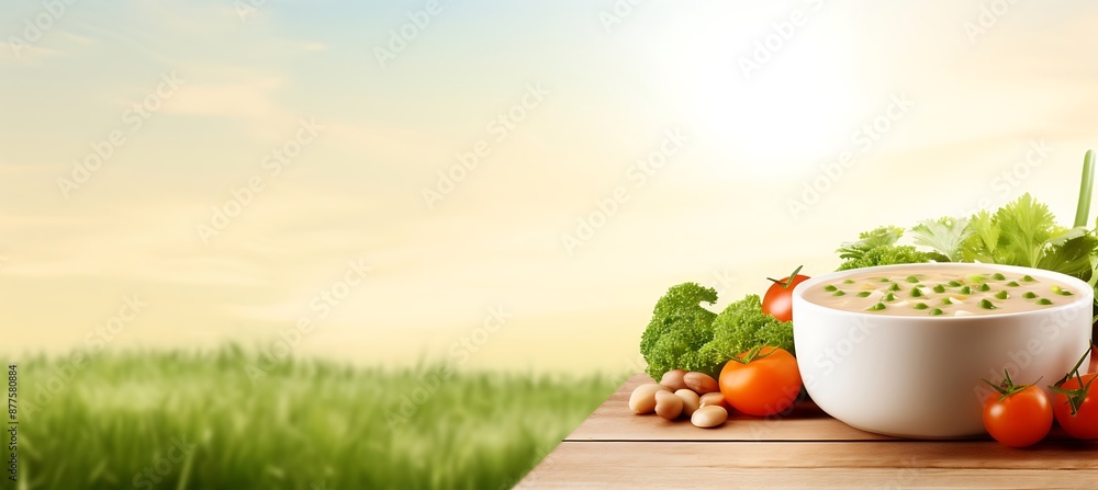 Poster fresh veggie soup in a bowl placed on a simple background with empty space for text