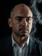 Fototapeta premium Portrait of a serious-looking man with smoke on his face. AI.