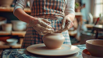 The hands of a potter pulling the walls of a clay product on a potter's wheel. Ceramist masters pottery in the workshop. Hobbies. Illustration for banner, poster, cover, brochure or presentation.