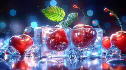   A cherry painting in ice cubes with a green leaf on the top cube