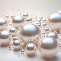 Numerous pearl white spherical bubbles or droplets of various sizes floating against a warm white background