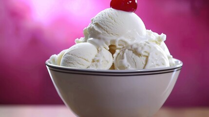   A white bowl contains ice cream and a cherry on top against a pink backdrop