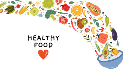 Fototapeta premium Healthly food consept. Horizontal banner with plate, vegetables and fruits. Modern vector illustration isolated on white, hand drawn, flat design
