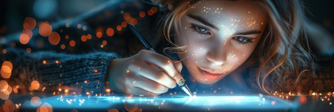 Young white girl intensely focused on a digital tablet with a glowing interface. Concept of technology and education, back to school - Powered by Adobe