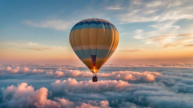 Hot air balloon ride above the clouds at sunset. AI.