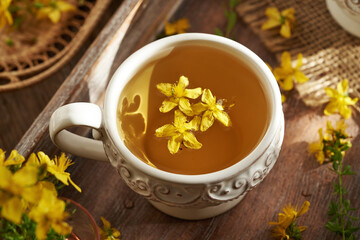 Fresh St. John's wort or Hypericum flowers in a cup of herbal tea
