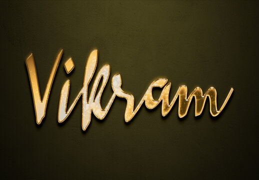 Old gold text effect of Hindi name Vikram with 3D glossy style Mockup.
