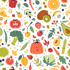 Seamless Pattern with Fruits, Vegetables and berries. Healthly food concept. Modern vector illustration isolated on white background, hand drawn, flat design